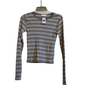 Ivy+Main Cropped Multi Striped Thermal Knit Long Sleeves Lace Neck Shirt Size S